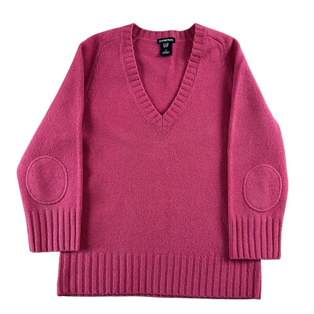 GAP‎ Stretch Sweater Womens Small Pink Elbow Pad Wool VNeck Made Hong Kong